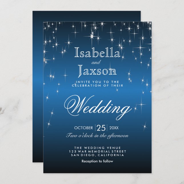Elegant Blue Star Lights Wedding Invitation (Front/Back)