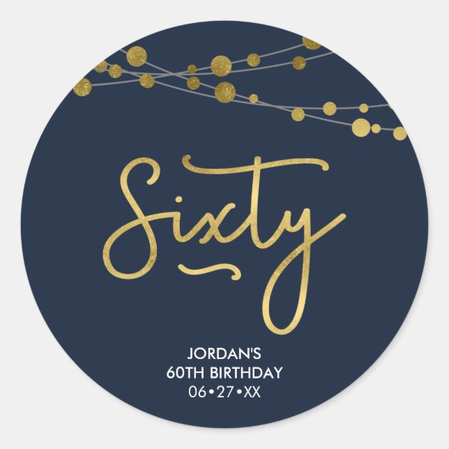 Elegant Blue Strings of Lights 60th Birthday Classic Round Sticker (Front)