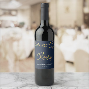 Elegant Blue Strings of Lights Faux Gold Cheers Wine Label