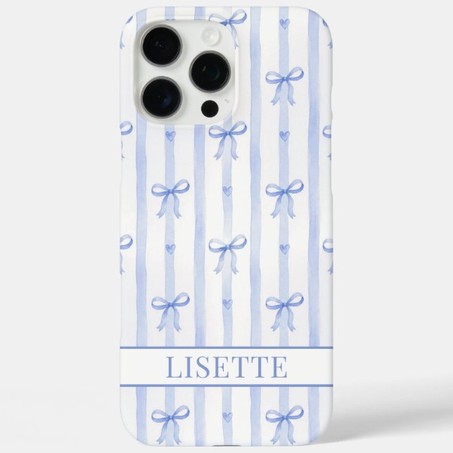 Elegant Blue Striped Coquette Bows Monogrammed Case-Mate iPhone Case (Back)