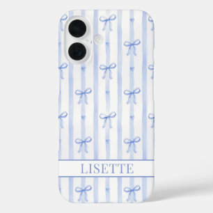 Elegant Blue Striped Coquette Bows Monogrammed iPhone 16 Case