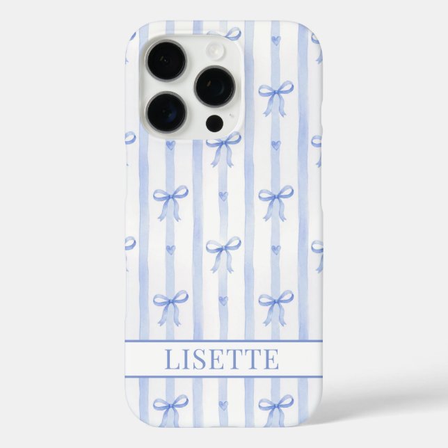 Elegant Blue Striped Coquette Bows Monogrammed Case-Mate iPhone Case (Back)