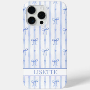 Elegant Blue Striped Coquette Bows Monogrammed iPhone 15 Pro Max Case