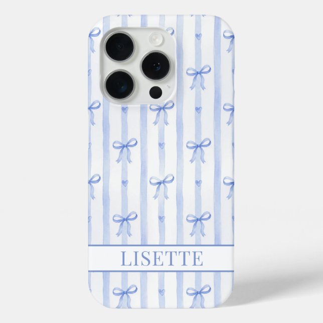 Elegant Blue Striped Coquette Bows Monogrammed Case-Mate iPhone Case (Back)