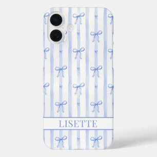 Elegant Blue Striped Coquette Bows Monogrammed iPhone 16 Plus Case