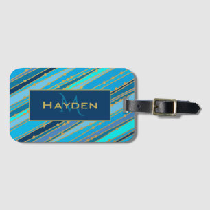 Elegant Blue Stripes and Gold Dots Personalised Luggage Tag