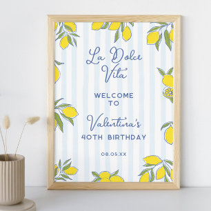 Elegant Blue Stripes & Hand Drawn Lemons Welcome Poster