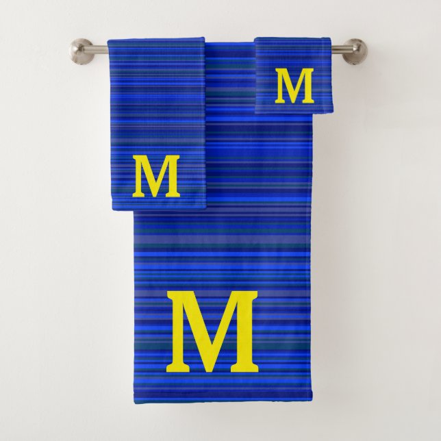 Elegant blue stripes monogram bath towel set (Insitu)
