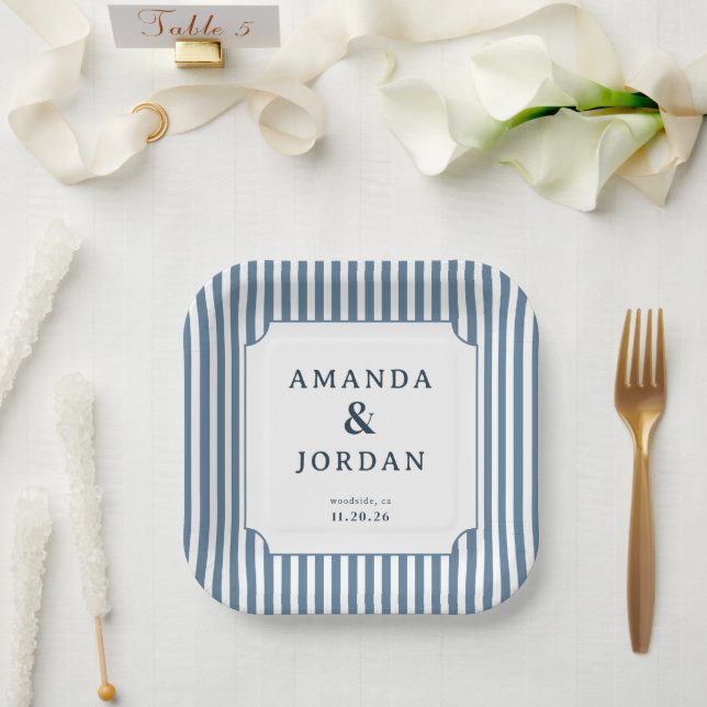 Elegant Blue Stripes Paper Plate (Wedding)