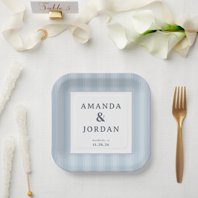 Elegant Blue Stripes Paper Plate (Wedding)