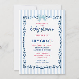 Elegant Blue Stripes & Ribbon Bow  Baby Shower Invitation