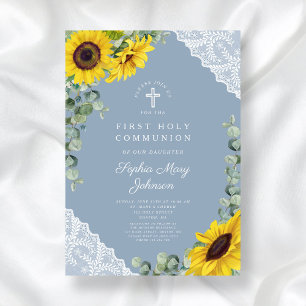 Elegant Blue Sunflowers First Holy Communion Invitation