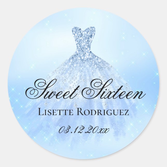 Elegant Blue Sweet 16 Birthday Party Classic Round Sticker (Front)