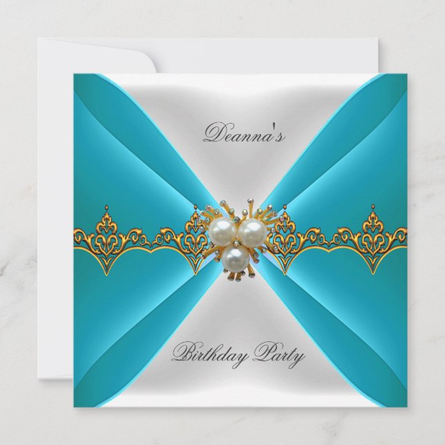 Elegant Blue Teal Birthday Gold Jewel White Silk Invitation (Front)