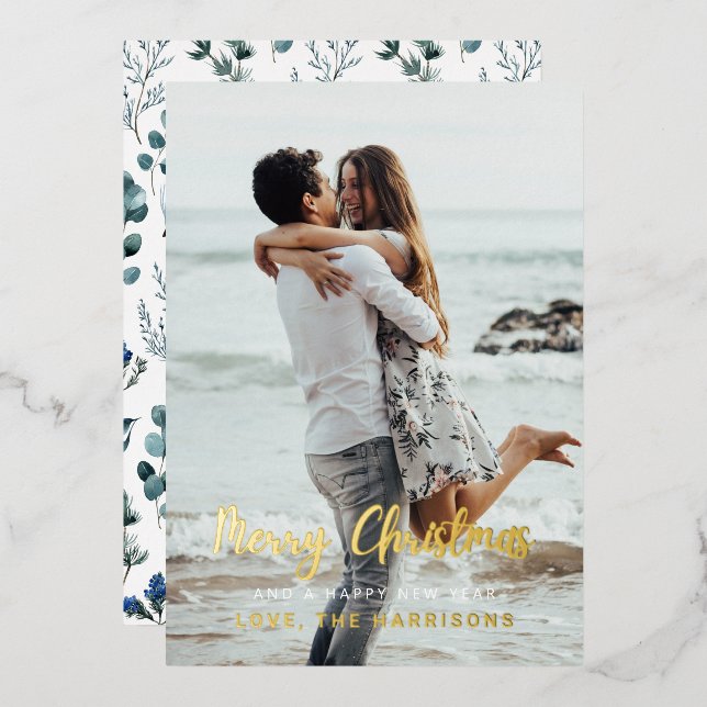 Elegant Blue Teal Christmas Floral Pattern Photo Foil Holiday Card (Front/Back)