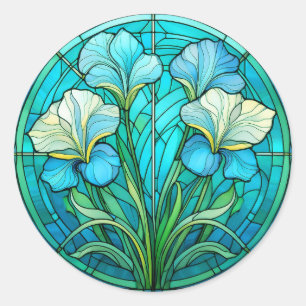 Elegant Blue Teal Floral Art Nouveau Stained Glass Classic Round Sticker