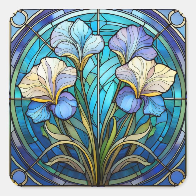 Elegant Blue Teal Floral Art Nouveau Stained Glass Square Sticker (Front)
