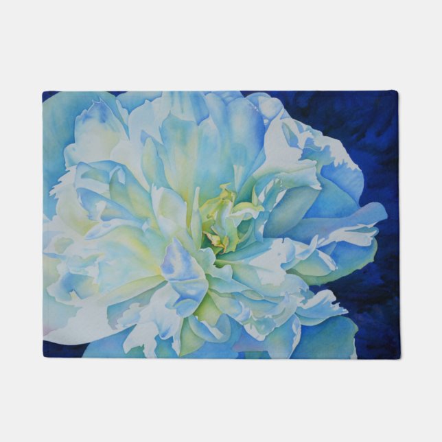 Elegant blue teal floral watercolor  doormat (Front)