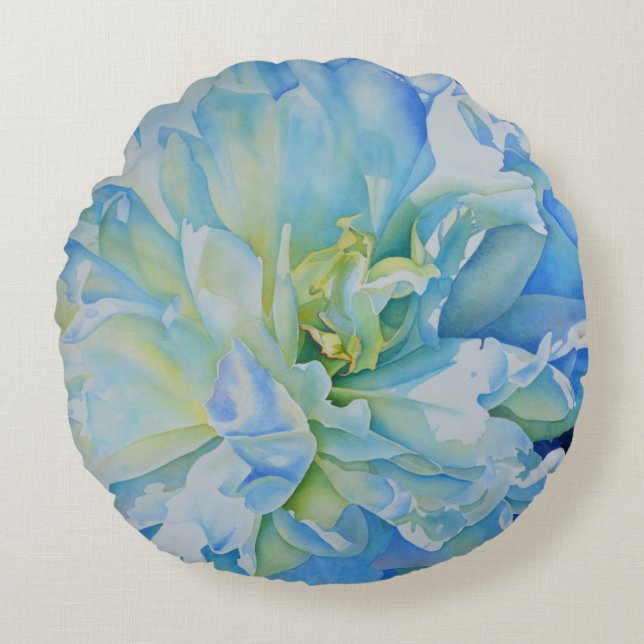 Elegant blue teal floral watercolor  round pillow (Front)