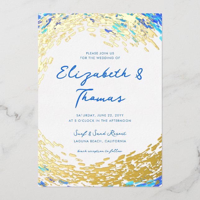 Elegant Blue Teal Gold Surfer Wave Beach Wedding (Front)