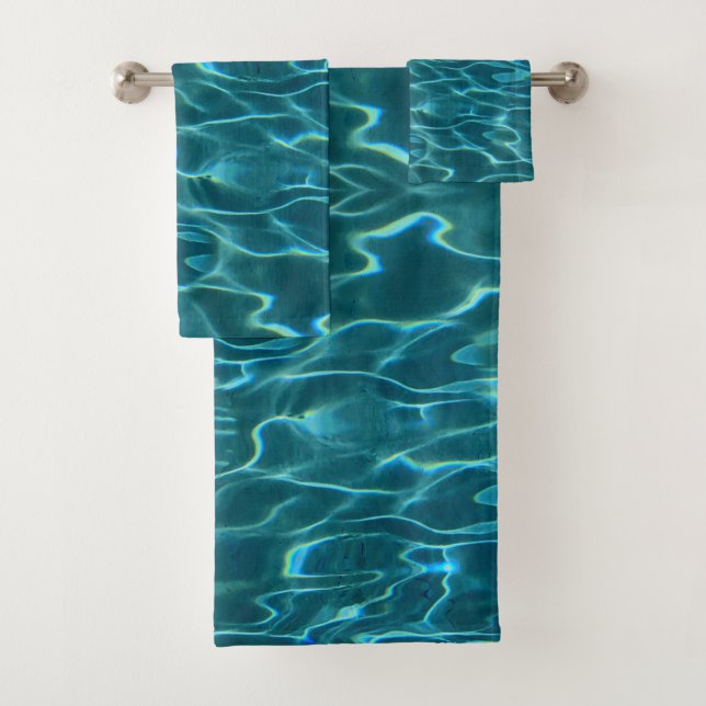 Elegant blue teal water pattern ocean lake waves bath towel set (Insitu)