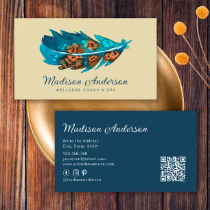Elegant Blue Terracotta Boho Watercolor Feather Business Card