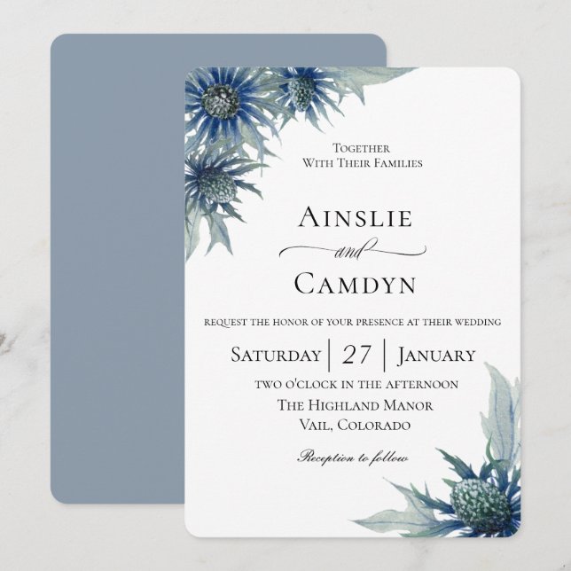 Elegant Blue Thistle Botanical Wedding Invitation (Front/Back)