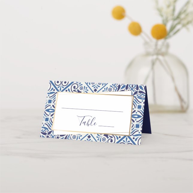 Elegant Blue tiles and gold Place Card (Front)