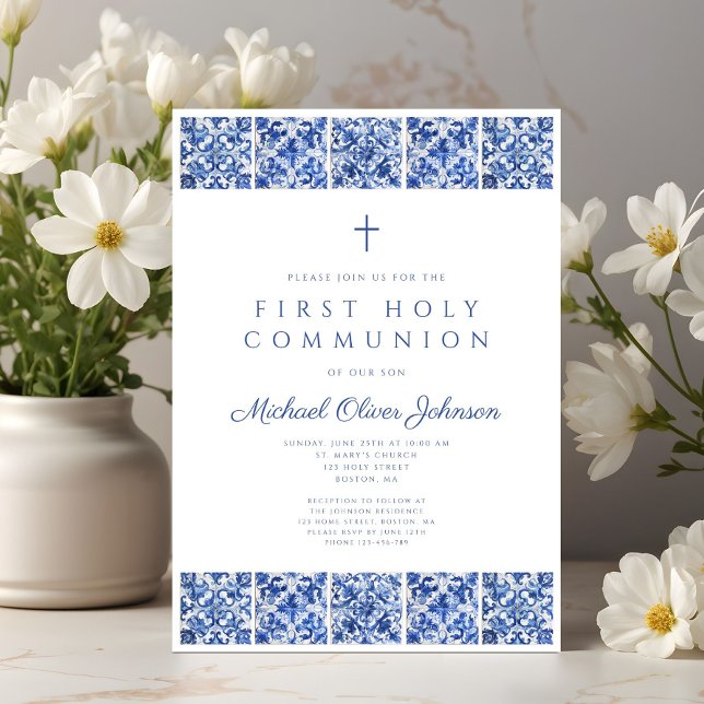 Elegant Blue Tiles Boy First Communion Invitation (Elegant Blue Tiles Boy First Communion Invitation)