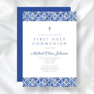 Elegant Blue Tiles Boy First Communion Invitation