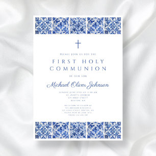 Elegant Blue Tiles Boy First Communion Invitation