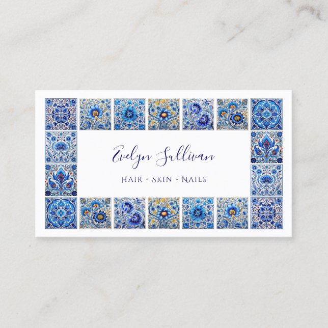 Elegant blue tiles frame business card (Front)
