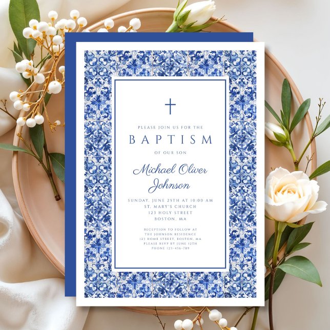 Elegant Blue Tiles Religious Cross Boy Baptism Invitation (Elegant Blue Tiles Religious Cross Boy Baptism Invitation)