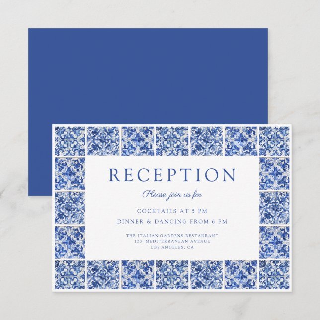 Elegant Blue Tiles Wedding Reception Enclosure Card (Front/Back)