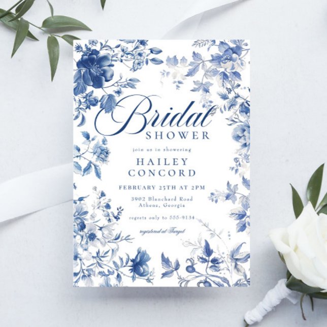 Elegant Blue Toile Chinoiserie Bridal Shower Invitation (Creator Uploaded)