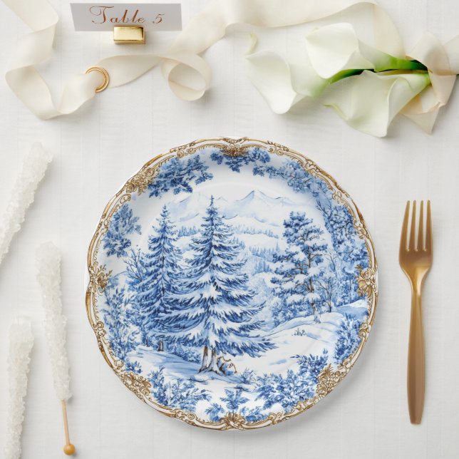 Elegant Blue Toile Christmas Tree Holiday Dining  Paper Plate (Wedding)