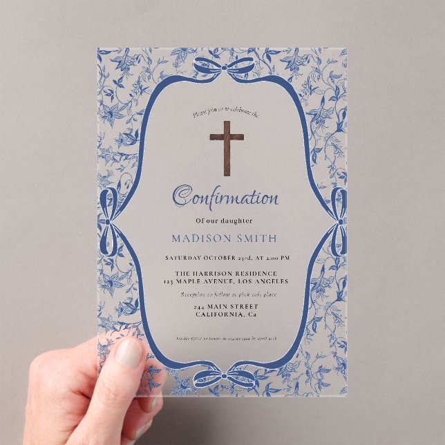 Elegant Blue Toile de jouy  baptism Acrylic Invitations (Insitu (Handheld))
