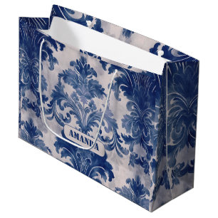Elegant Blue Toile De Jouy Damask Monogram Large Gift Bag