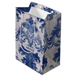 Elegant Blue Toile de Jouy Damask Monogram Medium Gift Bag