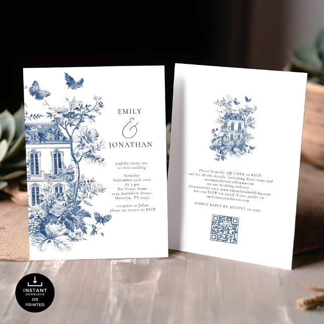 Elegant Blue Toile De Jouy QR Code Wedding Invitation (Front and back view)
