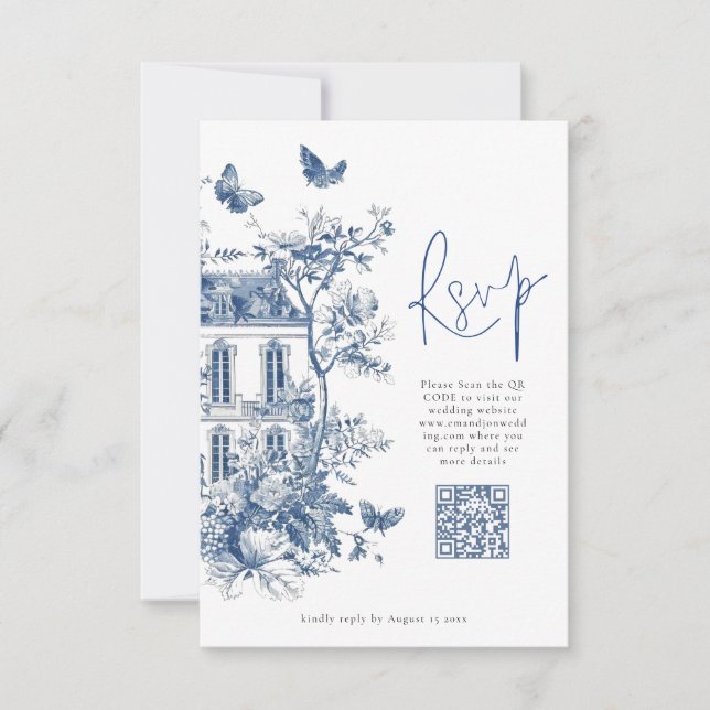 Elegant Blue Toile De Jouy QR Code Wedding RSVP Card (Front)