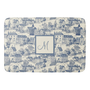 Elegant Blue Toile de Jouy Village Scene Bath Mat