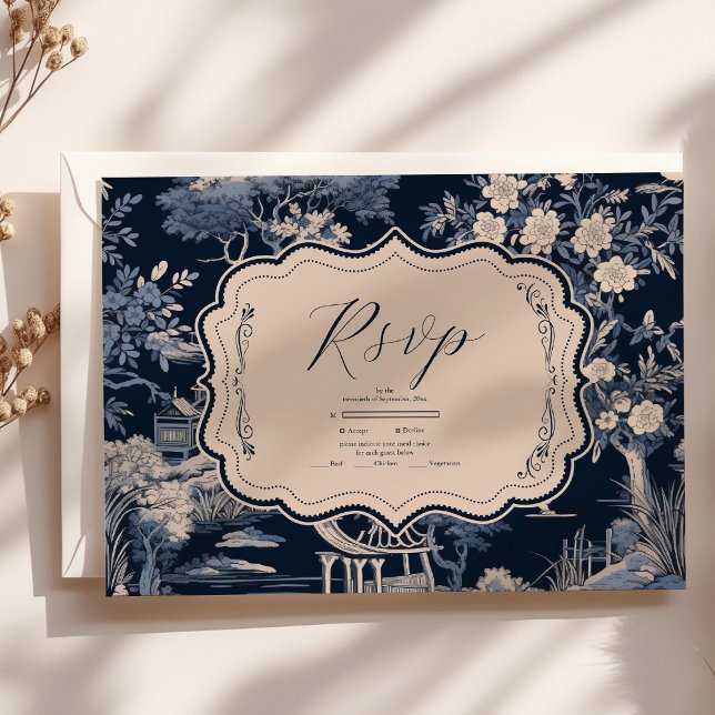 Elegant Blue Toile De Jouy  Wedding RSVP Card (Creator Uploaded)