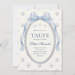 Elegant Blue Toile Floral Bow Boy Baptism Invitation