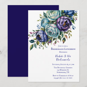 Elegant Blue Turquoise Floral Bridesmaids Luncheon Invitation