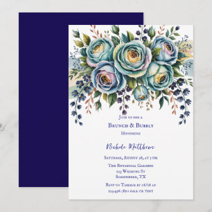 Elegant Blue Turquoise Floral Brunch & Bubbly Invitation