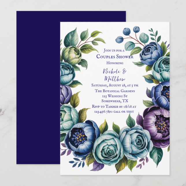 Elegant Blue Turquoise Floral Couples Shower Invitation (Front/Back)