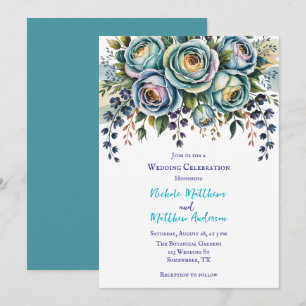 Elegant Blue Turquoise Floral Wedding Celebration  Invitation
