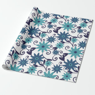 Elegant Blue Turquoise Flower Pattern Wrapping Paper