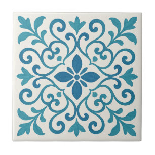 Elegant Blue & Turquoise Mediterranean Floral Tile